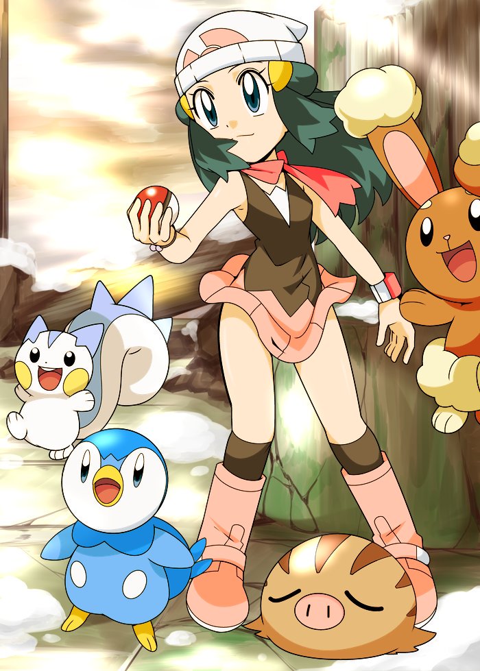 1girl blue_eyes blue_hair blush boots breasts buneary curvy dawn_(pokemon) female_focus forest game_freak gen_2_pokemon gen_4_pokemon hainchu looking_away nature nintendo pachirisu piplup pokemon pokemon_(anime) pokemon_(creature) pokemon_dppt_(anime) sitting skirt sky small_breasts swinub team