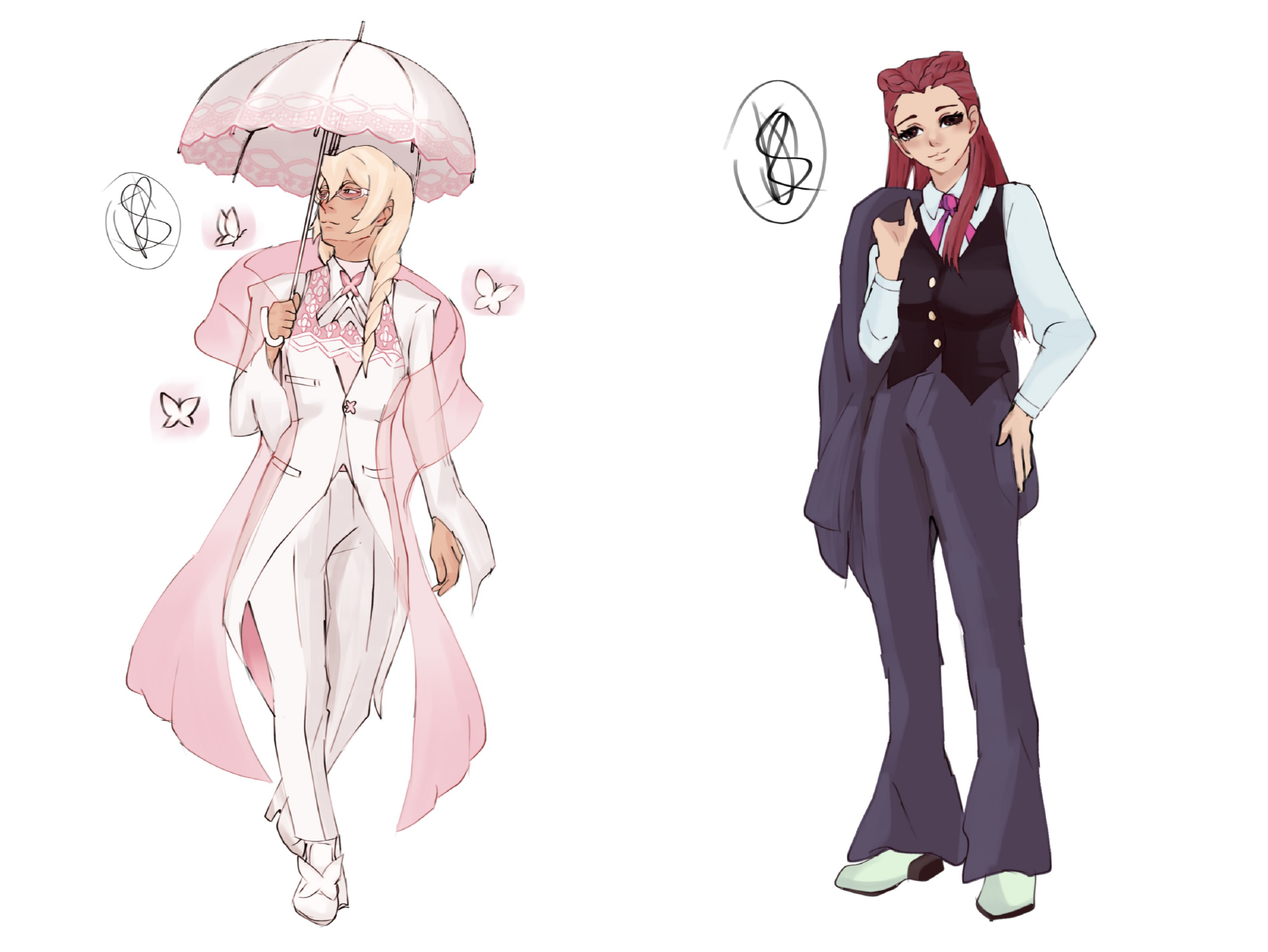 1boy 1girl ace_attorney apollo_justice:_ace_attorney black_eyes black_vest blonde_hair braid brown_hair bug butterfly commentary cosplay costume_switch dahlia_hawthorne english_commentary formal_clothes glasses hand_on_own_hip highres holding holding_jacket holding_unworn_clothes insect jacket jamescomjj jewelry kristoph_gavin long_hair necktie pants parasol phoenix_wright:_ace_attorney_-_justice_for_all shirt signature simple_background smile standing suit suit_jacket umbrella unworn_jacket vest white_background white_footwear white_pants white_shirt white_suit