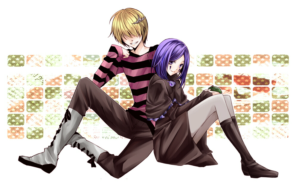 1boy 1girl belphegor_(reborn) blonde_hair hair_over_eyes katekyo_hitman_reborn! mammon_(reborn) pantyhose smile tiara zhihua