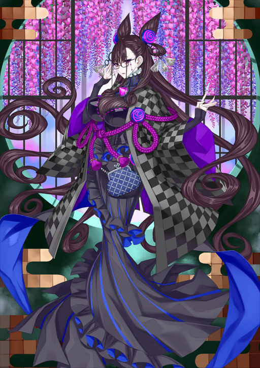 1girl adjusting_eyewear bag black-framed_eyewear black_corset black_dress breasts brown_hair center-flap_bangs checkered_haori corset double_bun dress eyewear_strap fate/grand_order fate_(series) floating_hair frilled_dress frills game_cg glasses grey_haori hair_between_eyes hair_bun hair_ornament hand_on_eyewear handbag hands_up haori high_collar honjou_raita japanese_clothes large_breasts layered_sleeves long_dress long_hair looking_at_viewer murasaki_shikibu_(fate) murasaki_shikibu_(second_ascension)_(fate) official_art parted_lips purple_eyes rope sleeves_past_wrists solo third-party_source underbust variant_set very_long_hair wide_sleeves