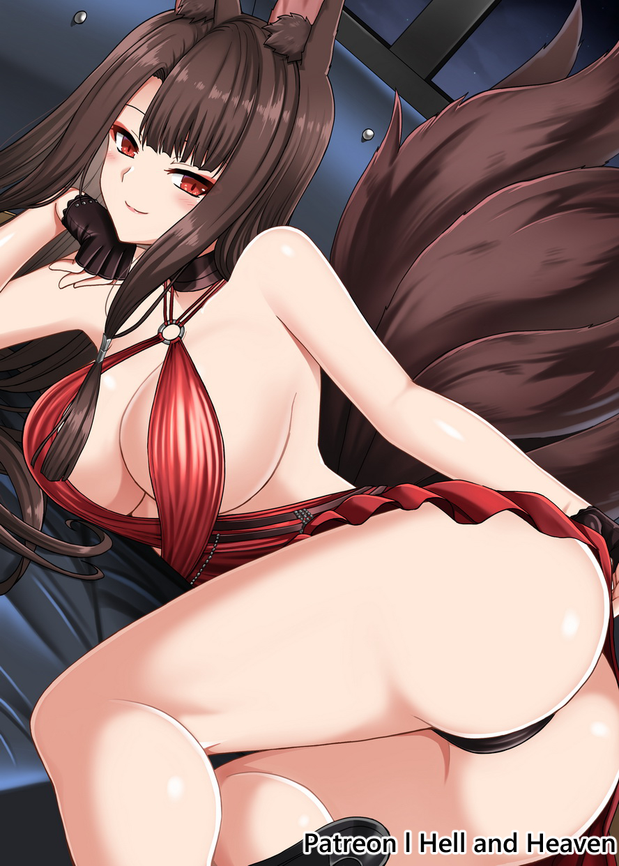 1girl akagi_(azur_lane) animal_ears ass azur_lane black_gloves blunt_bangs breasts brown_hair dress gloves hellandheaven highres long_hair panties red_dress red_eyes solo tail underwear wolf_ears wolf_girl wolf_tail