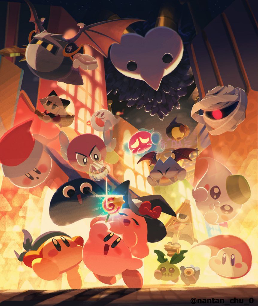 armor bandana_waddle_dee bat_wings batty_(kirby) bronto_burt broom broom_hatter chuchu_(kirby) commentary_request fangs galaxia_(sword) gooey_(kirby) hat holding holding_broom invincible_candy jumper_shoot keke_(kirby) kirby kirby_(series) mask meta_knight mumbies_(kirby) nantan_chu_0 nintendo pauldrons phanta_(kirby) shoulder_armor solid_oval_eyes spookstep void_termina wapod wings witch_hat zombon