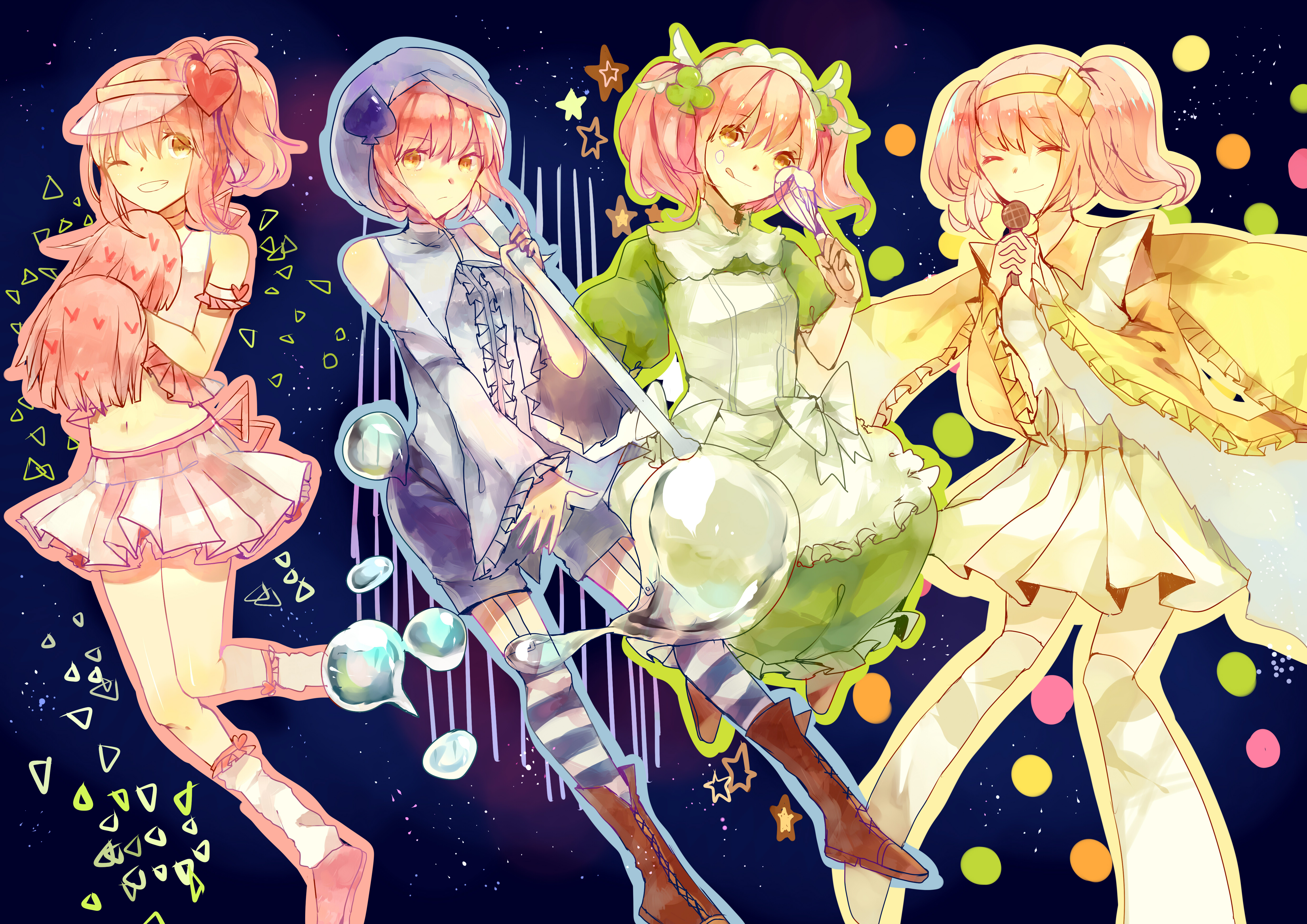 4girls absurdres amulet_clover amulet_dia amulet_heart amulet_spade apron blue_headwear blue_shirt blue_shorts blue_thighhighs boots brown_footwear closed_eyes closed_mouth clover_hair_ornament diamond_hair_ornament dress full_body garter_straps green_dress hair_ornament heart heart_hair_ornament high_side_ponytail highres hinamori_amu holding holding_whisk jamjar77 long_hair long_sleeves looking_at_viewer multiple_girls multiple_persona one_eye_closed open_mouth orange_eyes pink_hair pink_shirt pink_skirt pom_pom_(cheerleading) shirt short_hair short_sleeves shorts shugo_chara! side_ponytail skirt sky smile spade_hair_ornament star_(sky) starry_sky striped_clothes striped_thighhighs teeth thighhighs visor_cap whisk white_thighhighs yellow_dress