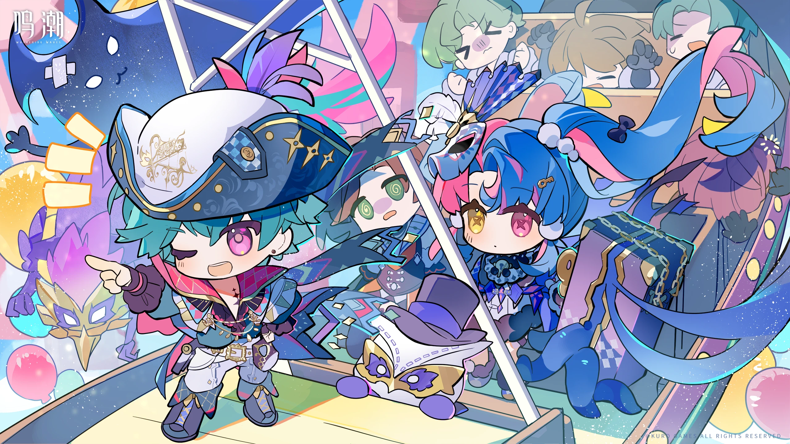 1boy 1girl black_collar blue_hair blue_shirt brant_(wuthering_waves) chibi chibi_only chinese_commentary collar commentary_request eye_mask hat hat_feather heterochromia highres key_hair_ornament long_hair mask mask_on_head multicolored_hair official_art one_eye_closed open_clothes open_mouth open_shirt pants people pero_(wuthering_waves) pink_eyes pink_hair pointing pointing_forward purple_eyes roccia_(wuthering_waves) shirt short_hair smile standing suitcase symbol-shaped_pupils tacet_discord_(wuthering_waves) tacet_mark_(wuthering_waves) tricorne twintails two-tone_hair white_pants wuthering_waves x-shaped_pupils yellow_eyes