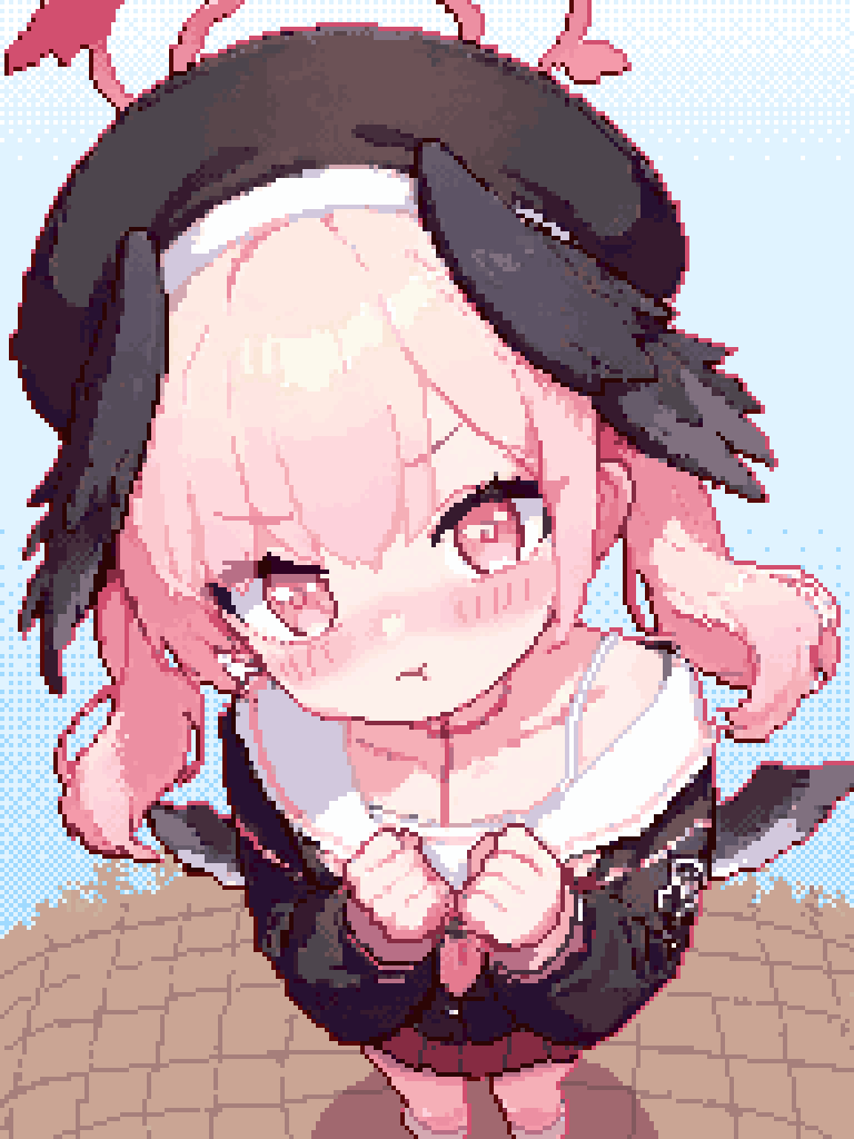 1girl :t angry beret blue_archive blush body_markings chobiii7 clenched_hands from_above furrowed_brow halo hat head_wings koharu_(blue_archive) long_sleeves looking_at_viewer low_twintails low_wings multiple_wings neckerchief pink_eyes pink_hair pink_halo pink_neckerchief pink_skirt pixel_art rns sailor_collar school_uniform serafuku skirt solo standing twintails white_sailor_collar wings