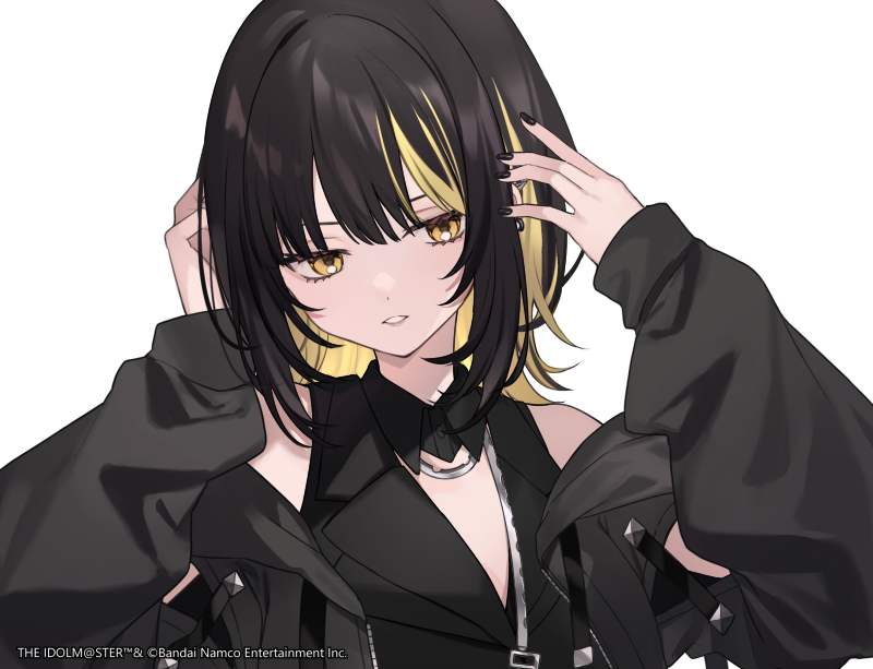 1girl black_hair black_jacket black_nails black_shirt blonde_hair colored_inner_hair commentary_request copyright_notice detached_collar earrings hands_up idolmaster idolmaster_shiny_colors ikaruga_luca jacket jewelry looking_down medium_hair multicolored_hair open_clothes open_jacket parted_lips shirt shugao simple_background sleeveless sleeveless_shirt solo two-tone_hair upper_body white_background yellow_eyes