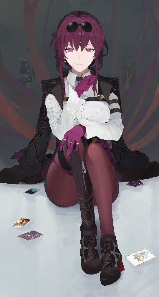 1girl armband asymmetrical_footwear black_armband boots brown_pantyhose card chest_harness collared_shirt eyewear_on_head full_body glasses gloves hand_on_own_knee hand_rest harness honkai:_star_rail honkai_(series) jacket jacket_on_shoulders kafka_(honkai:_star_rail) knees_up light_smile liro long_hair long_sleeves looking_at_viewer pantyhose pantyhose_under_shorts pince-nez purple_eyes purple_gloves purple_hair round_eyewear shirt shoes shorts single_thigh_boot sitting solo straight-on sunglasses thigh_boots white_shirt wing_collar