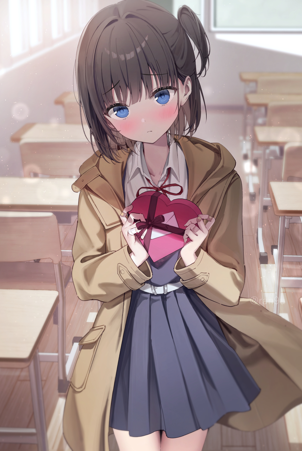 1girl belt blue_eyes blush box classroom closed_mouth coat collared_shirt desk gift heart-shaped_box highres holding holding_gift indoors long_sleeves looking_at_viewer medium_hair neck_ribbon nekouhai_(rangu) one_side_up open_clothes open_coat original rangu ribbon school_desk school_uniform shirt skirt solo white_belt white_shirt