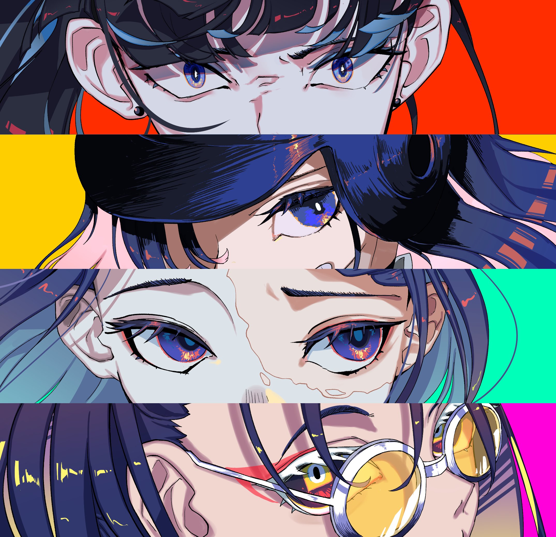 4girls ado_(utaite) baseball_helmet black_hair blue_eyes blue_hair close-up column_lineup earrings eye_focus gira_gira goggles helmet highres jewelry kuromori_o looking_at_viewer looking_to_the_side merry_(ado) multiple_girls naima_(ado) odo-chan_(ado) odo_(song) persona_eyes purple_eyes purple_hair readymade_(ado) sanpaku stud_earrings tinted_eyewear usseewa voice_actor_connection yellow-tinted_eyewear