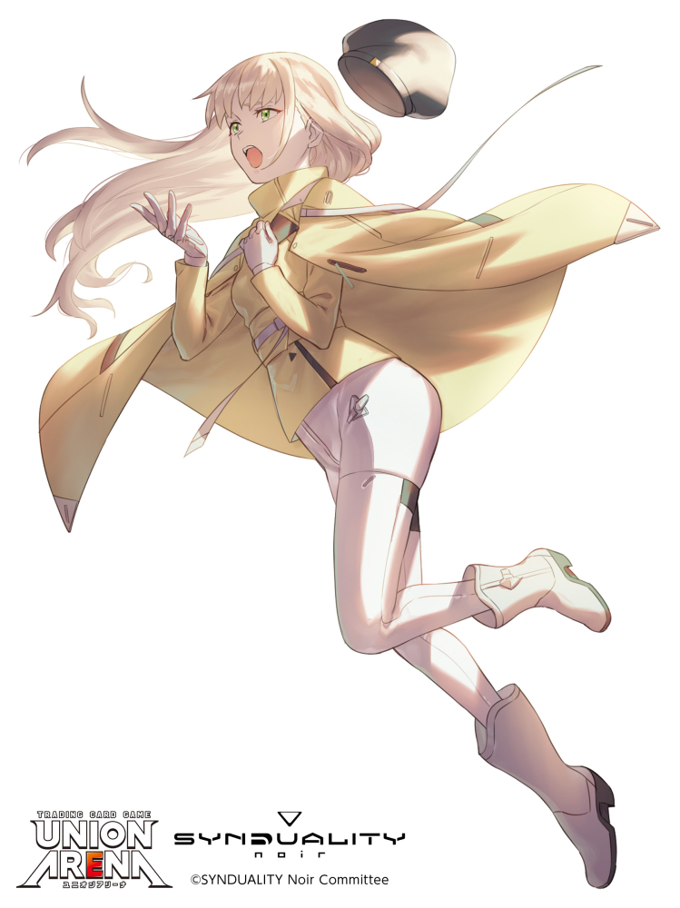 1girl belt beret blonde_hair bodysuit boots cape ciel_(synduality) floating_cape floating_hair from_side full_body green_eyes hand_on_own_chest hat jacket long_hair magus_(synduality) murakami_hisashi music official_art singing standing standing_on_one_leg synduality synduality_noir turtleneck turtleneck_jacket unworn_hat unworn_headwear