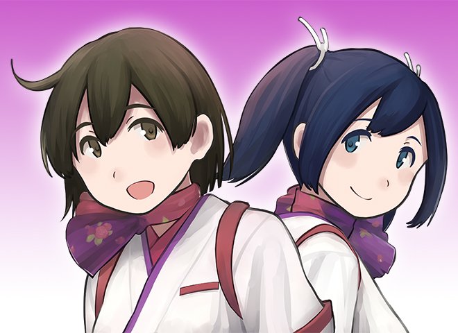 10s 2girls arms_at_sides back-to-back blue_eyes blue_hair blush breasts brown_eyes brown_hair colored_eyelashes floral_print gradient_background hair_between_eyes hiryuu_(kancolle) hiryuu_(peach)_(kancolle) japanese_clothes kantai_collection light_smile looking_at_viewer medium_breasts multiple_girls neckerchief official_art open_mouth peach_(airline) purple_neckerchief shibafu_(glock23) short_hair short_twintails smile souryuu_(kancolle) souryuu_(peach)_(kancolle) twintails upper_body