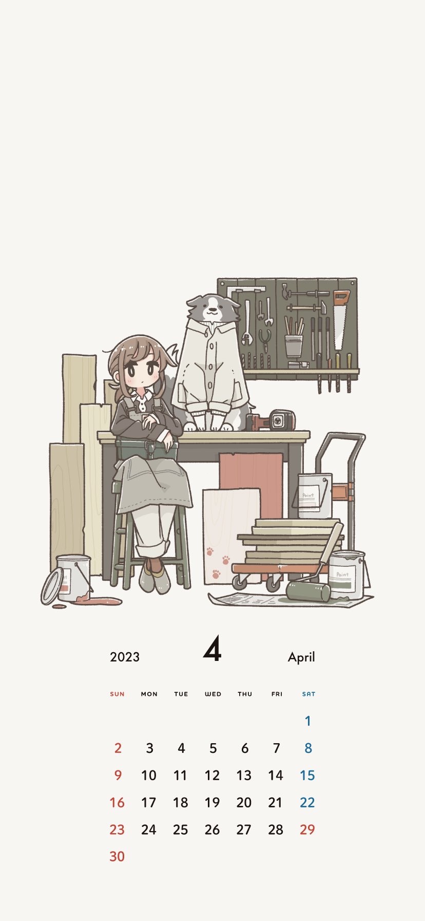 1girl black_eyes blush brown_hair closed_mouth coat dog east_sha2 expressionless hand_saw highres looking_at_viewer original paint_can pants pliers saw screwdriver short_hair sitting solo stool wrench