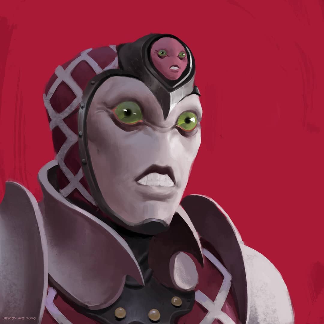 1other argyle clenched_teeth colored_sclera deimos_art extra_faces green_sclera jojo_no_kimyou_na_bouken king_crimson_(stand) looking_to_the_side parted_lips red_background red_theme solo stand_(jojo) teeth vento_aureo