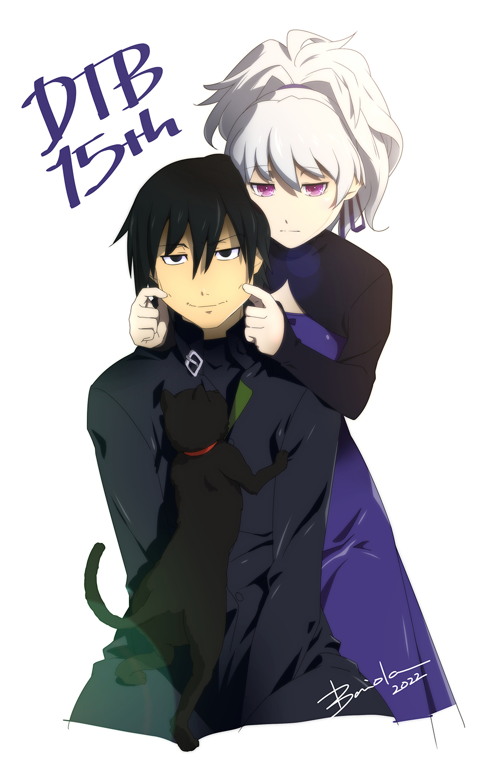 1boy 1girl baiola black_hair closed_mouth darker_than_black dress grey_hair hair_ribbon hei_(darker_than_black) highres long_hair looking_at_viewer ponytail purple_dress purple_eyes ribbon simple_background smile white_background yin_(darker_than_black)