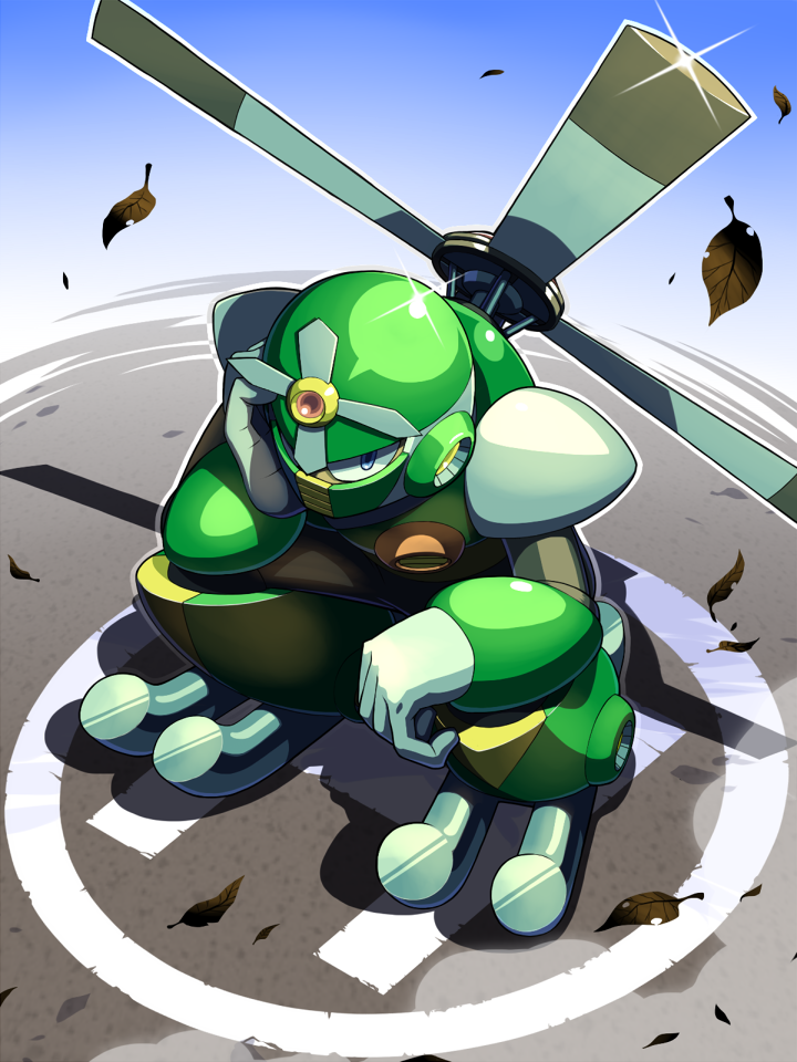 1boy android armor black_bodysuit blue_background blue_eyes bodysuit commentary_request covered_mouth falling_leaves full_body glint gloves gradient_background green_headwear gyro_man hand_on_own_cheek hand_on_own_face hand_up helipad helmet leaf looking_at_viewer male_focus mega_man_(classic) mega_man_(series) mega_man_5 napo outdoors propeller robot_ears shadow shoulder_armor solo squatting white_gloves wind