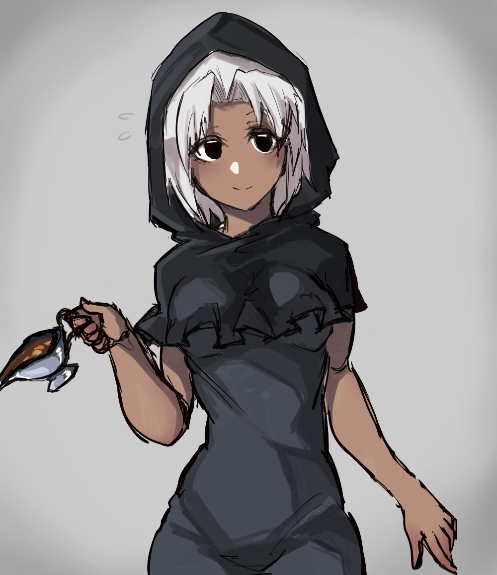 1girl alternate_color alternate_hair_color alternate_skin_color black_dress black_eyes breasts closed_mouth commentary_request cookie_(touhou) cowboy_shot dark-skinned_female dark_skin dress flour_(cookie) gravy gravy_boat grey_background holding hood hood_up kumoi_ichirin long_hair looking_at_viewer medium_breasts shimosuke smile solo touhou white_hair