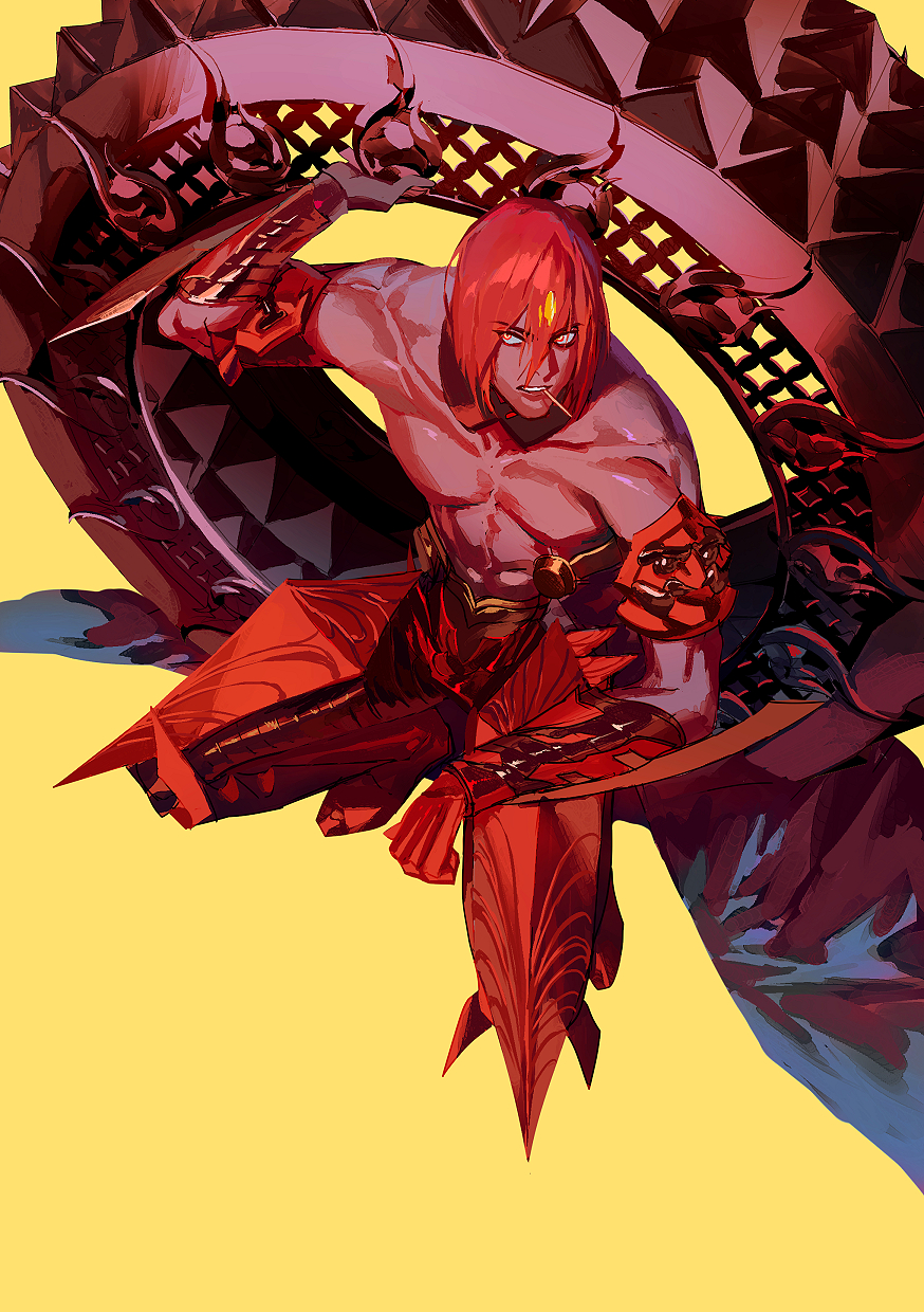 1boy abs ashwatthama_(fate) bare_shoulders daeraeband dark-skinned_male dark_skin fate/grand_order fate_(series) forehead_jewel full_body hair_between_eyes highres holding holding_weapon huge_weapon leg_armor looking_at_viewer looking_to_the_side male_focus muscular muscular_male open_mouth pectorals red_hair short_hair simple_background solo teeth topless_male weapon wheel yellow_background yellow_eyes