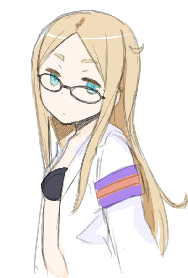&gt;:| 10s 1girl :| armband blonde_hair blue_eyes bra closed_mouth female_focus glasses ha-ru long_hair natasha_(sekai_seifuku) open_clothes open_shirt sekai_seifuku:_bouryaku_no_zvezda shirt solo underwear upper_body v-shaped_eyebrows