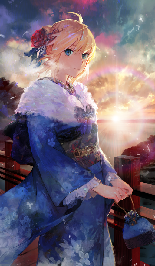 1girl ahoge artoria_pendragon_(fate) bag blonde_hair blue_eyes blue_kimono bridge cloud cloudy_sky commentary cowboy_shot fate/grand_order fate_(series) flower fur_shawl hair_between_eyes hair_bun hair_flower hair_ornament holding holding_bag horizon japanese_clothes kimono lens_flare looking_at_viewer mifuji_kiichi new_year obi official_art outdoors red_flower saber_(fate) saber_(first_sunrise)_(fate) sash shawl sidelocks single_hair_bun sky smile solo standing sunlight sunrise third-party_source white_shawl wide_sleeves wind