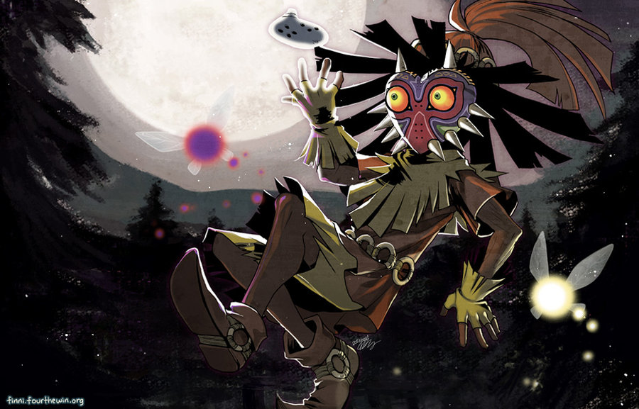 1boy belt fairy finni_chang forest full_moon gloves instrument landscape majora_(entity) mask moon mountain nature nintendo no_mouth no_nose ocarina scenery signature skull_kid tael tatl the_legend_of_zelda the_legend_of_zelda:_majora&#039;s_mask tree watermark web_address