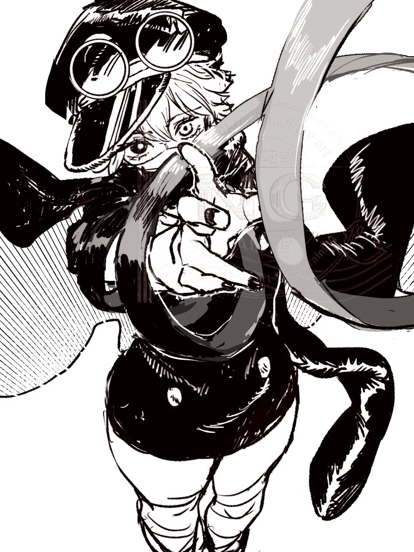 bandages bottomless buttons cape goggles greyscale gunko hat heterochromia long_sleeves looking_at_viewer mask monochrome mouth_mask nail_polish one_piece outstretched_arm shiratori_yokikana short_hair unraveling visor_cap
