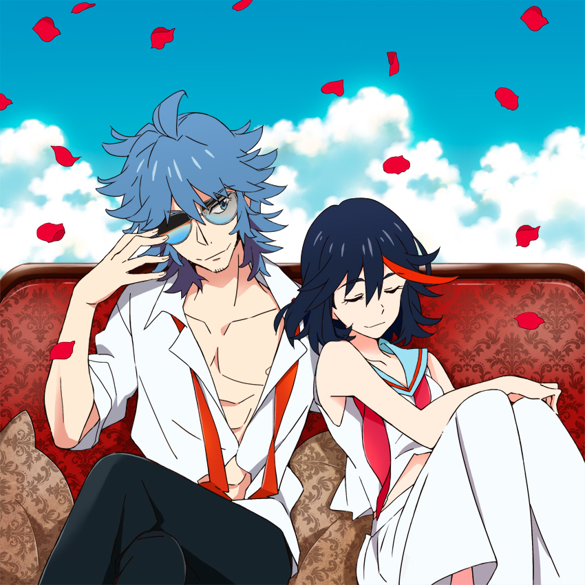 10s 1boy 1girl adjusting_eyewear bad_id bad_pixiv_id black_hair blue_hair blue_sky cloud day closed_eyes glasses kill_la_kill long_skirt mako_(macomaco7) matoi_ryuuko mikisugi_aikurou multicolored_hair necktie open_clothes open_shirt patterned_upholstery petals red_neckwear red_upholstery sailor_collar shirt short_hair sitting skirt sky smile streaked_hair sunglasses undone_necktie
