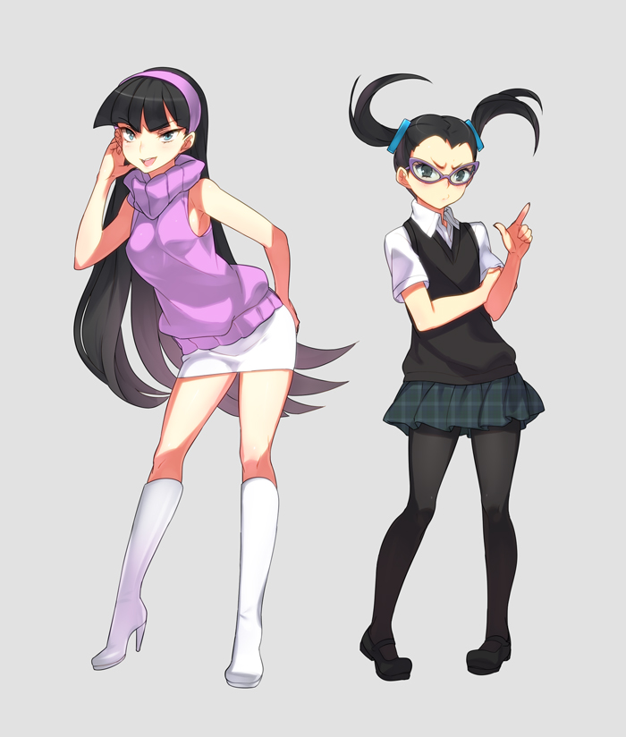 2girls animification bad_deviantart_id bad_id bare_shoulders black_eyes black_hair black_socks blue_eyes boots glasses hairband high_heel_boots high_heels knee_boots kneehighs leaning_forward long_hair miniskirt multiple_girls naso4 nickelodeon open_mouth pantyhose pigeon-toed plaid_clothes plaid_skirt pleated_skirt purple_shirt school_uniform shirt shoes short_sleeves simple_background skirt sleeveless sleeveless_turtleneck socks the_fairly_oddparents tootie trixie_tang turtleneck twintails very_long_hair vest white_footwear white_skirt
