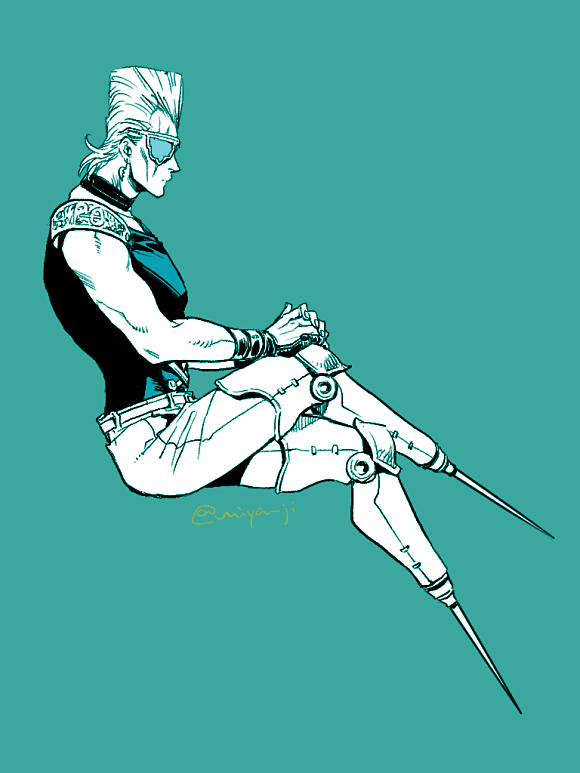 1boy amputee aqua_background double_amputee earrings eyepatch jean_pierre_polnareff jewelry jojo_no_kimyou_na_bouken male_focus merumeru626 monochrome profile prosthesis prosthetic_leg running_blades sitting solo vento_aureo