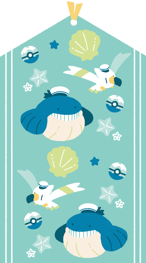 alternate_color bird black_eyes blue_background commentary_request dive_ball gen_3_pokemon grin hat nintendo no_humans poke_ball pokemon pokemon_(creature) sailor_hat satsumapotato seashell shell shiny_pokemon simple_background smile solid_circle_eyes starfish wailmer white_hat wingull