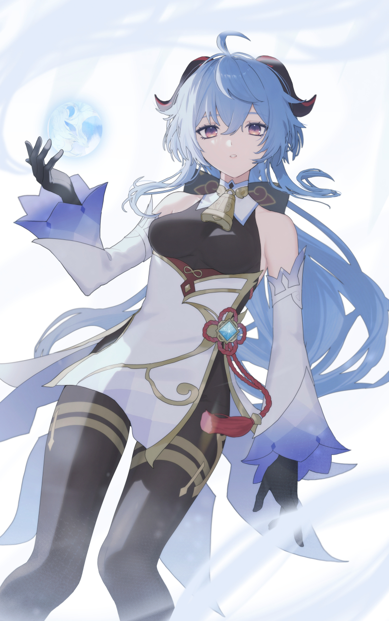 1girl ahoge bare_shoulders bell black_gloves black_pantyhose blue_hair breasts chinese_knot detached_sleeves ganyu_(genshin_impact) genshin_impact gloves gold_trim highres horns jewelry long_hair looking_at_viewer low_ponytail medium_breasts neck_bell orb pantyhose parted_lips ponytail purple_eyes qilin_(mythology) red_rope rope sidelocks solo thighlet umeko_208 vision_(genshin_impact) waist_cape white_sleeves