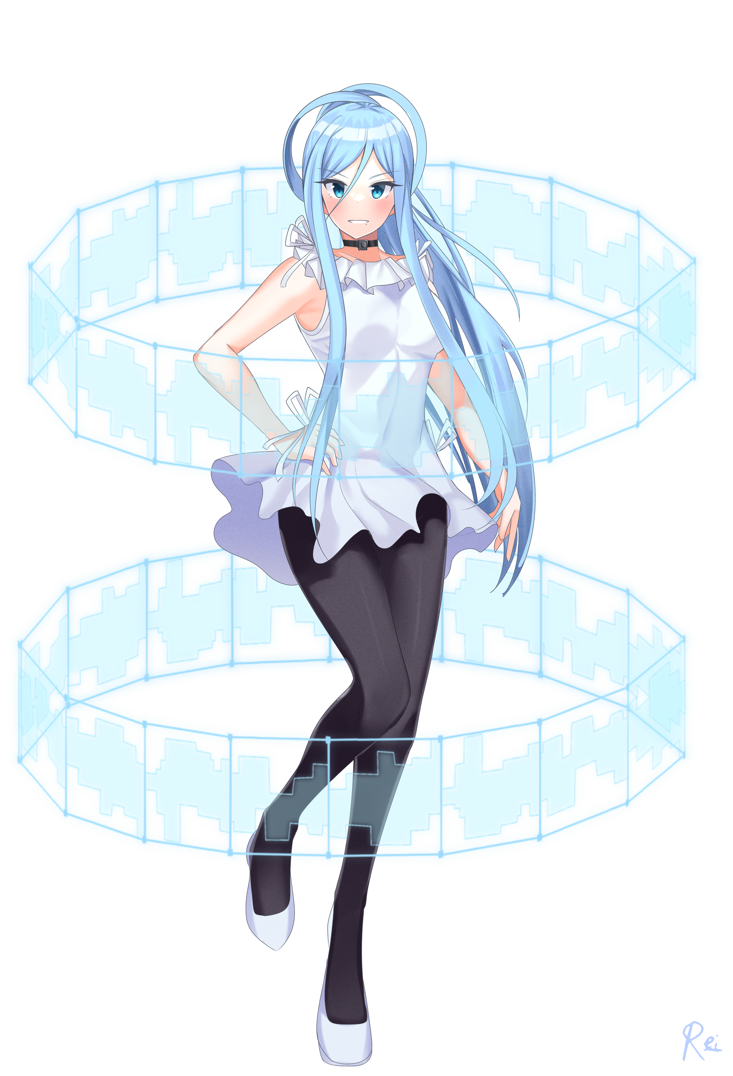 1girl absurdres aoki_hagane_no_arpeggio artist_name bare_shoulders blue_eyes blue_hair blush breasts choker commentary commission dress english_commentary full_body hair_between_eyes hand_on_own_hip high_heels highres jewelry legs long_hair looking_at_viewer medium_breasts pantyhose reiei_8 shoes short_dress sidelocks skirt sleeveless sleeveless_dress smile solo standing takao_(aoki_hagane_no_arpeggio) transparent_background very_long_hair white_dress white_shoes