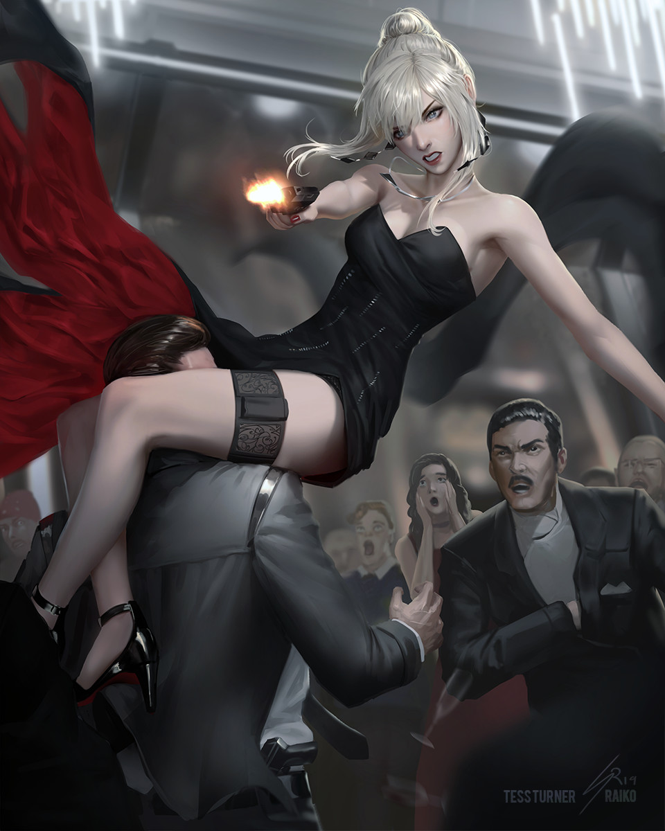 bare_shoulders black_dress black_footwear black_hair blonde_hair blue_eyes blurry blurry_background boy&#039;s_club breasts brown_hair champagne_flute cleavage clenched_teeth commentary cup dress drinking_glass earrings english_commentary facing_viewer firing gun hand_in_jacket handgun high_heels highres holding holding_gun holding_weapon holster indoors jacket jewelry leg_lock lips lipstick makeup medium_breasts meme motion_blur multiple_boys multiple_girls muzzle_flash nail_polish necklace necktie open_mouth original raikoart red_dress red_lips scissorhold side_slit signature strapless strapless_dress suit_jacket surprised teeth tess_turner thigh_holster watermark weapon wide-eyed