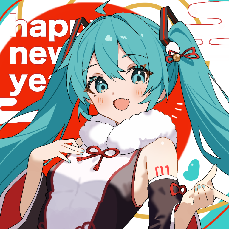 1girl aqua_eyes aqua_hair blush breasts coco_irasuto commentary english_commentary hair_ornament happy_new_year hatsune_miku long_hair looking_at_viewer new_year number_tattoo open_mouth shoulder_tattoo small_breasts smile solo tattoo twintails upper_body vocaloid