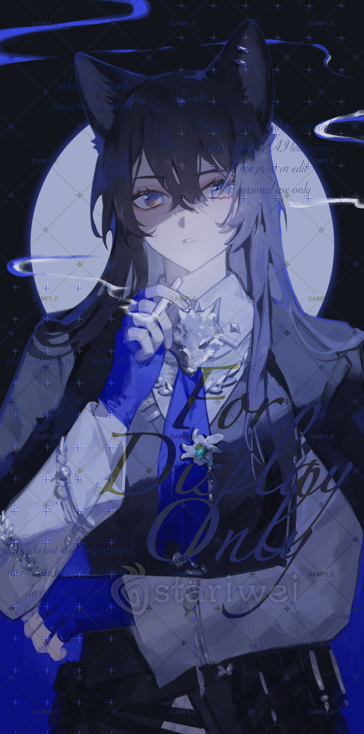1girl animal_ears arknights artist_name cigarette fingerless_gloves gloves highres holding holding_cigarette jacket long_hair looking_at_viewer parted_lips smoke solo stariwei texas_(arknights) texas_the_omertosa_(arknights)
