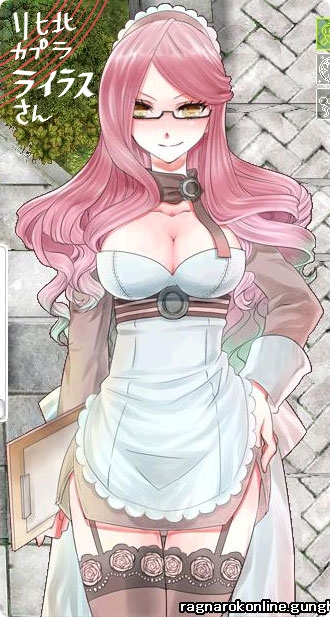 1girl apron black-framed_eyewear blush breasts brown_dress brown_thighhighs cleavage clipboard closed_mouth cowboy_shot dress game_screenshot_background garter_straps glasses holding holding_clipboard kafra_uniform lala_(sputnik) large_breasts long_hair long_sleeves looking_at_viewer lyrus_(ragnarok_online) maid maid_headdress pink_hair ragnarok_online screenshot_background smile solo thighhighs white_apron yellow_eyes