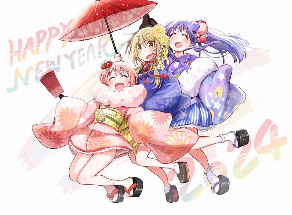 3girls blonde_hair blue_kimono blush closed_eyes commentary_request english_text floral_print floral_print_kimono flower full_body hair_flower hair_ornament happy_new_year hinata_yukari holding holding_umbrella ichii_yui japanese_clothes kimono long_hair long_sleeves low_twintails multiple_girls new_year nonohara_yuzuko oil-paper_umbrella okobo open_mouth pink_hair pink_kimono platform_sandals ponytail print_kimono purple_hair sandals short_hair short_kimono smile socks tatsunokosso twintails umbrella white_socks wide_sleeves yellow_eyes yuyushiki