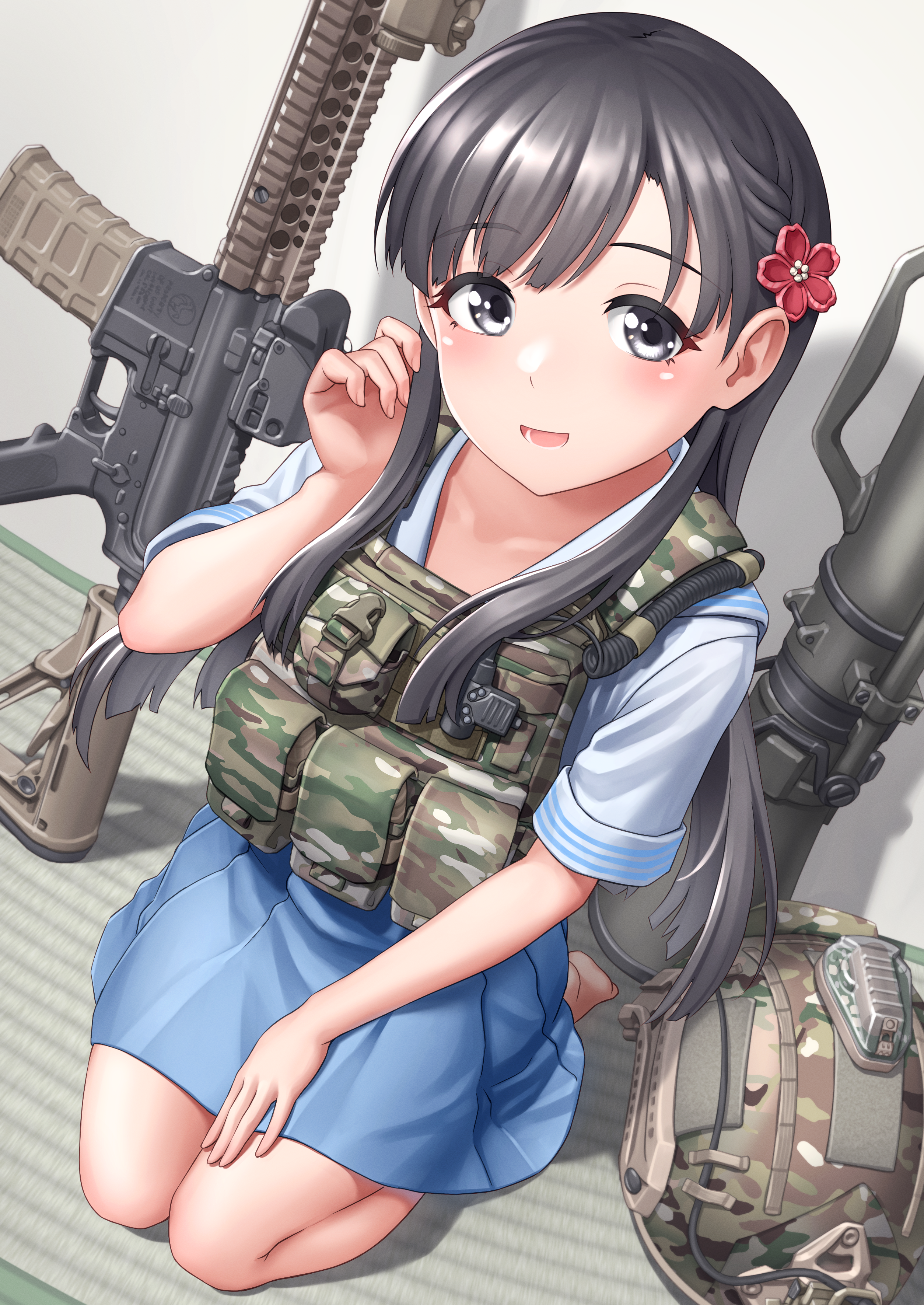 1girl absurdres assault_rifle barefoot black_hair blue_skirt camouflage camouflage_headwear carl_gustaf_recoilless_rifle chest_rig flower grey_eyes gun hair_flower hair_ornament unworn_headwear helmet unworn_helmet highres idolmaster idolmaster_cinderella_girls kobayakawa_sae kzm_(sub-moa_works) long_hair rocket_launcher red_flower rifle school_uniform serafuku shirt skirt smile solo weapon white_shirt woodland_camouflage