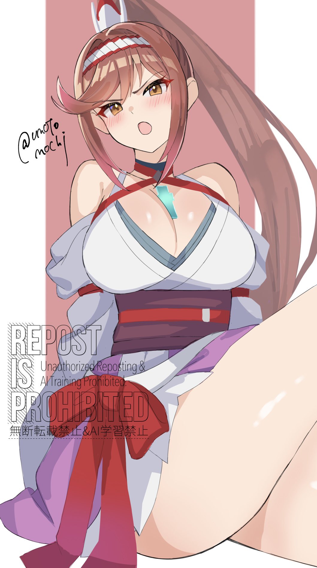 1girl arms_behind_back artist_name ass bare_shoulders blue_choker blush breasts chest_jewel choker cleavage collarbone commentary_request facing_viewer glimmer_(xenoblade) high_ponytail highres japanese_clothes large_breasts long_hair looking_at_viewer open_mouth ponytail red_background red_hair red_ribbon ribbon signature sitting solo thighs tongue umotomochi very_long_hair xenoblade_chronicles_(series) xenoblade_chronicles_3 yellow_eyes