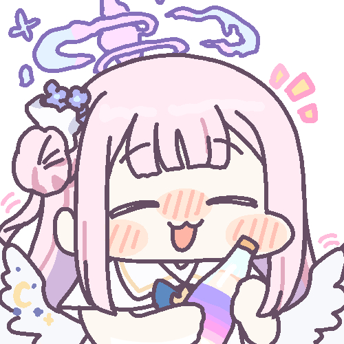 angel_wings blue_archive bottle chibi closed_eyes drunk feathered_wings gradient_halo hair_bun halo holding holding_bottle jazz_jack low_wings lowres mika_(blue_archive) multicolored_halo pink_hair pink_halo scrunchie sidelocks simple_background white_background white_wings wings wrist_scrunchie
