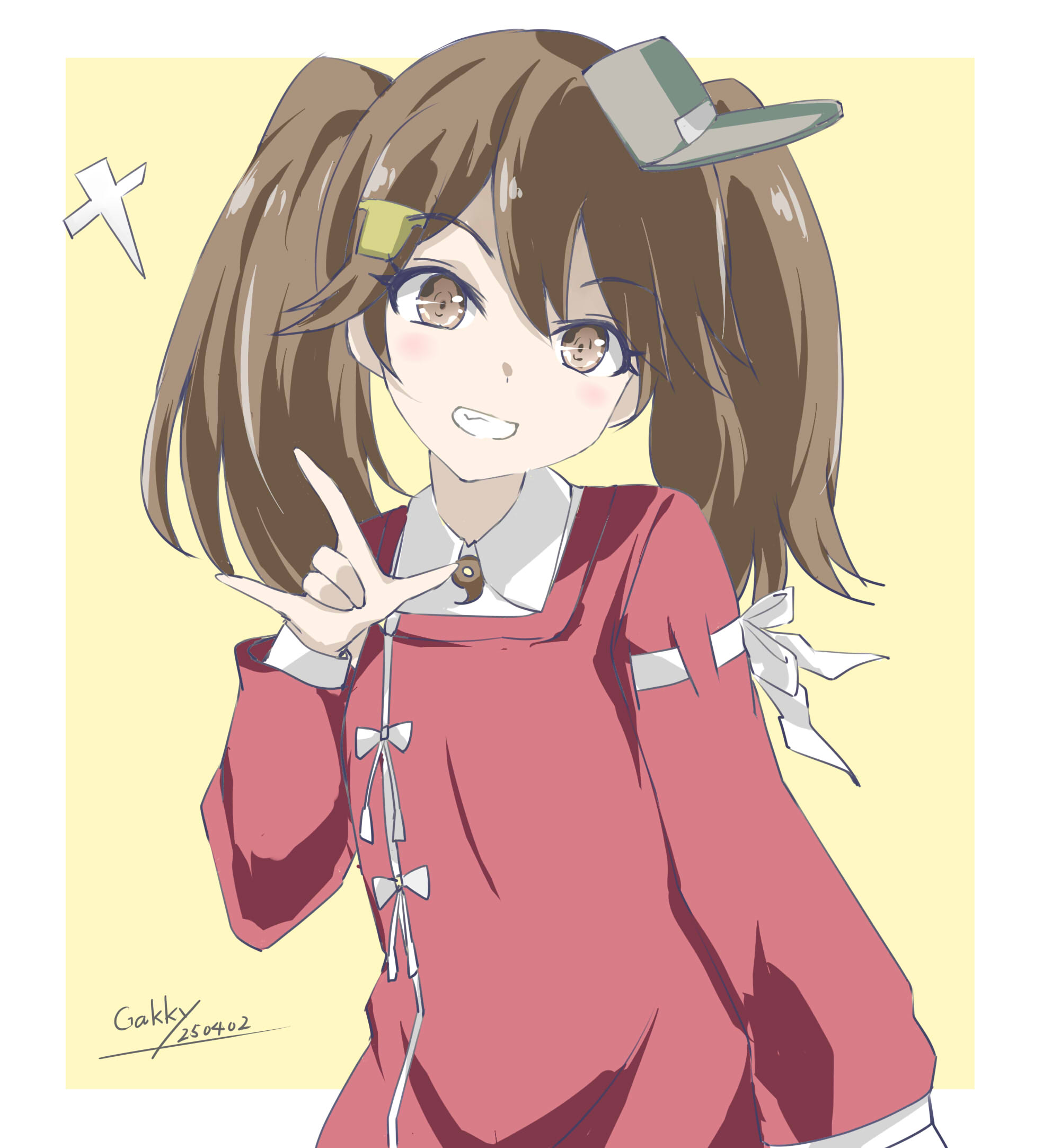 1girl \m/ artist_name brown_eyes brown_hair collared_shirt commentary_request dress_shirt gakky grin highres japanese_clothes kantai_collection kariginu long_hair magatama one-hour_drawing_challenge ryuujou_(kancolle) shikigami shirt smile solo twintails upper_body visor_cap white_shirt yellow_background
