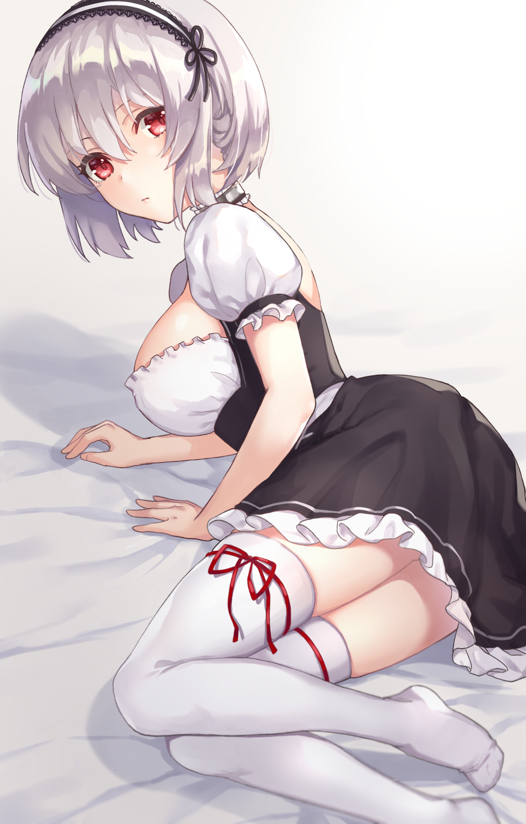 1girl azur_lane breasts choker closed_mouth commentary_request dress expressionless female_focus foot_out_of_frame frilled_choker frilled_dress frills hair_between_eyes hairband highres kon_(k0n16) large_breasts leg_ribbon looking_at_viewer lying maid on_bed on_side puffy_short_sleeves puffy_sleeves red_eyes red_ribbon ribbon short_hair short_sleeves silver_hair sirius_(azur_lane) solo thighhighs white_thighhighs