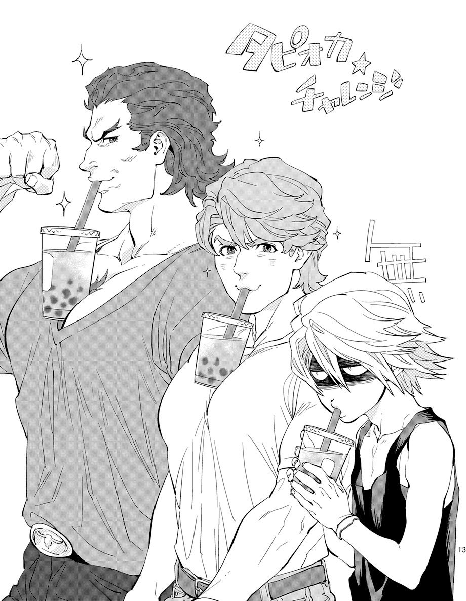 3boys antonio_lopez belt bubble_tea bubble_tea_challenge chest_hair drinking flexing greyscale ivan_karelin keith_goodman looking_at_another male_focus mamemo_(daifuku_mame) monochrome multiple_boys muscle_envy pectorals shaded_face shirt simple_background sparkle t-shirt tiger_&amp;_bunny v-neck white_background