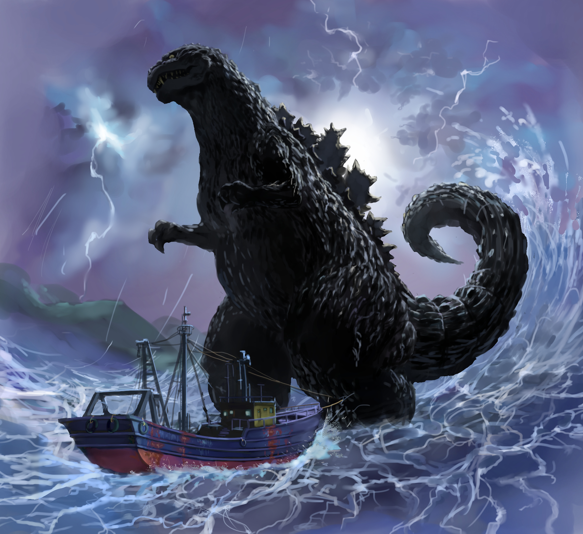 claws dinosaur electricity energy giant giant_monster godzilla godzilla_(1954) godzilla_(series) highres island kaiju lightning monster night no_humans ocean rain sea_monster sharp_teeth ship spikes splashing tail teeth toho ultra-taf water watercraft waves