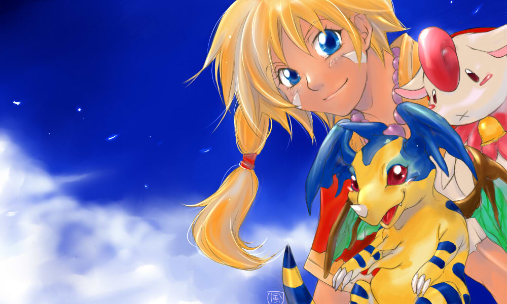 blonde_hair blue_eyes braid chrono_(series) chrono_cross d-maker draggy jewelry kid_(chrono_cross) long_hair markings necklace pip smile