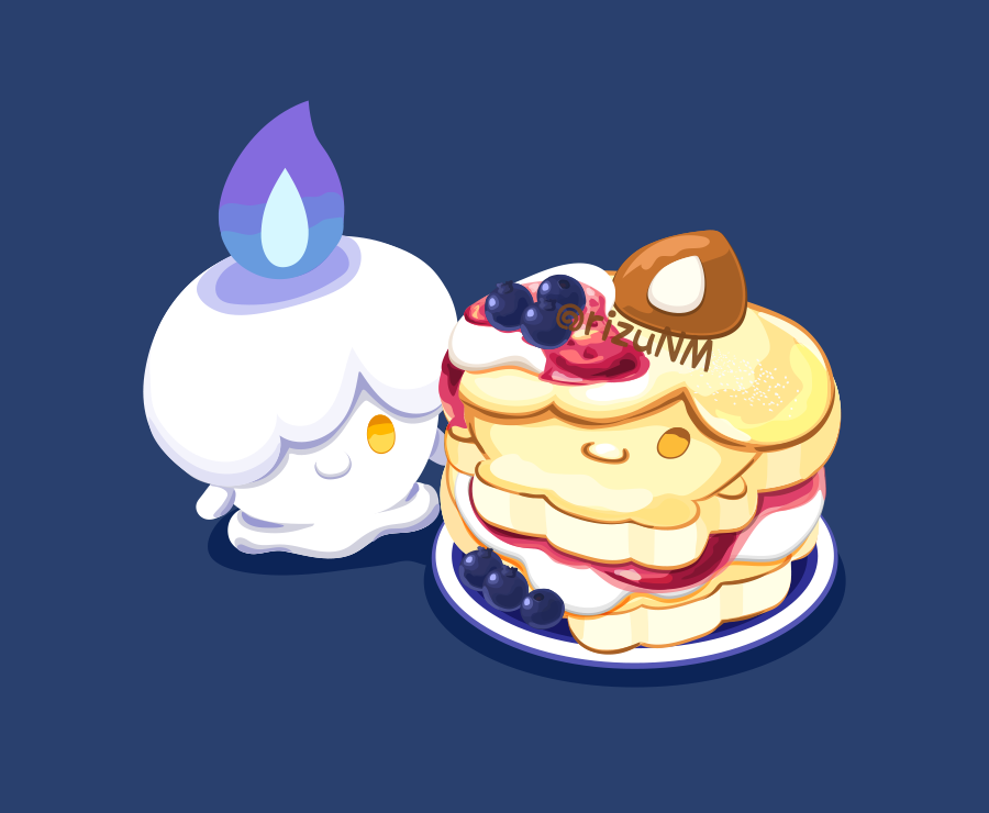 blue_background blue_fire blueberry character-themed_food closed_mouth commentary_request cream fire food fruit gen_5_pokemon litwick nintendo no_humans pancake plate pokemon pokemon_(creature) purple_fire rizu_(rizunm) simple_background smile solo strawberry_syrup yellow_eyes