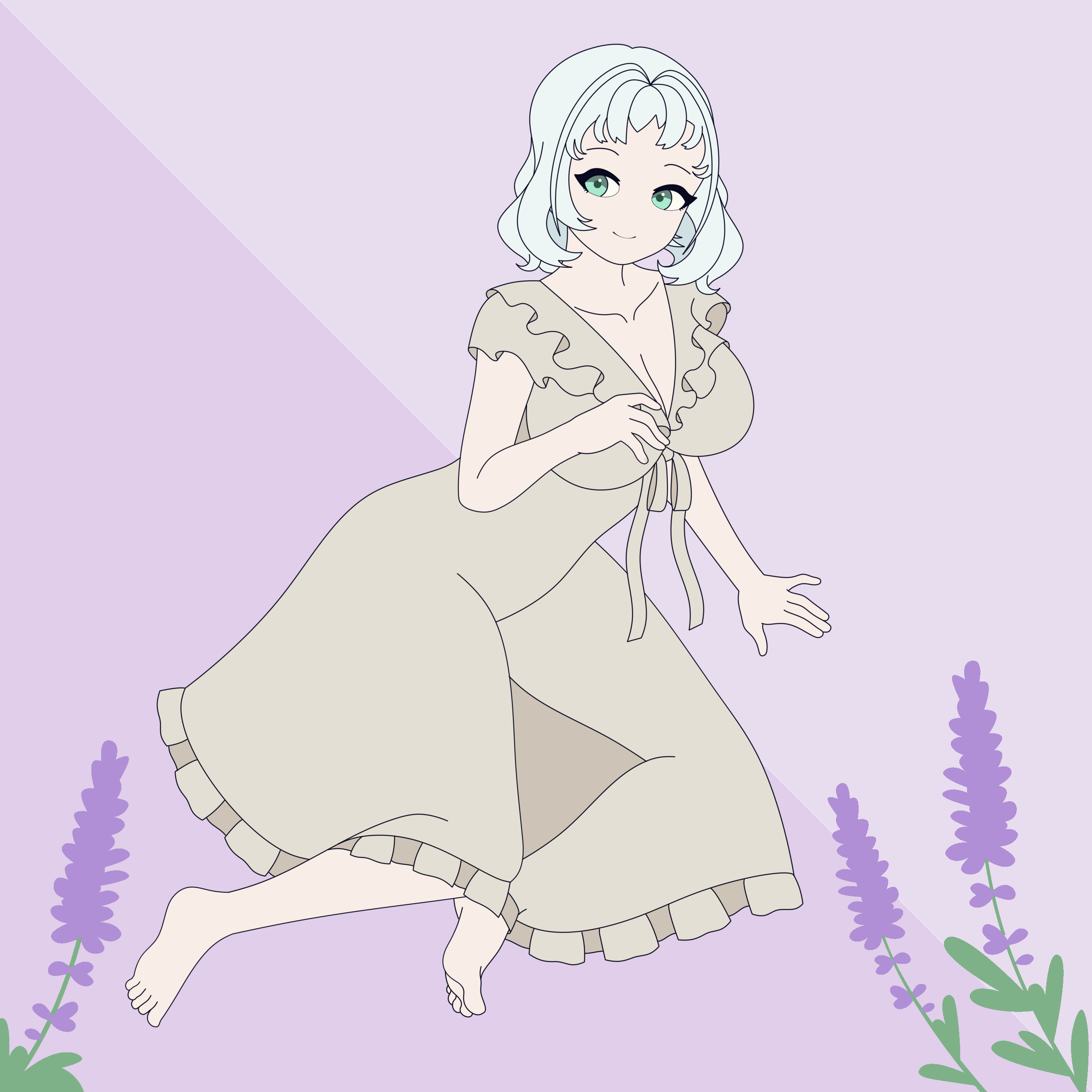 absurdres barefoot bow breasts dress green_eyes highres kamishiro_rita large_breasts noality prism_project self-upload silver_hair sitting smile virtual_youtuber