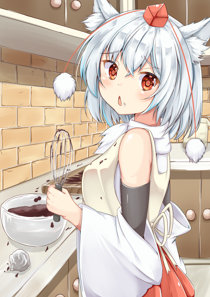 animal_ear_fluff animal_ears apron batter blush bowl brick_wall cabinet chestnut_mouth commentary_request cooking cowboy_shot cutting_board detached_sleeves flour from_side hakama hakama_skirt hat holding holding_whisk inubashiri_momiji japanese_clothes kitchen looking_at_viewer napkin pom_pom_(clothes) red_eyes red_skirt rururiaru short_hair skirt stain tokin_hat touhou turning_head turtleneck whisk white_hair wolf_ears wolf_girl