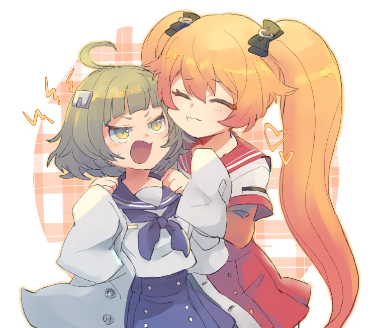 2girls ahoge annoyed blonde_hair blue_neckerchief blue_sailor_collar blue_skirt blush breast_pocket closed_eyes closed_mouth cuddling green_eyes green_hair hands_on_another&#039;s_shoulders heart kamihama_university_affiliated_school_uniform kidhukaji kisaki_emiri layered_sleeves long_hair long_sleeves looking_at_another magia_record:_mahou_shoujo_madoka_magica_gaiden mahou_shoujo_madoka_magica minaminagi_liberty_academy_school_uniform miyako_hinano multiple_girls neckerchief open_mouth pleated_skirt pocket red_sailor_collar red_skirt sailor_collar school_uniform serafuku shirt short_hair short_over_long_sleeves short_sleeves skirt standing twintails very_long_hair white_shirt