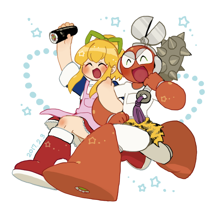 1boy 1girl alternate_costume apron blonde_hair closed_eyes club club_(weapon) commentary_request cut_man food hair_ribbon harvest88 holding holding_club holding_food holding_weapon locked_arms long_hair mega_man_(classic) mega_man_(series) mega_man_1 no_humans oni_costume red_footwear ribbon robot roll_(mega_man) scissors sidelocks smile spiked_club weapon