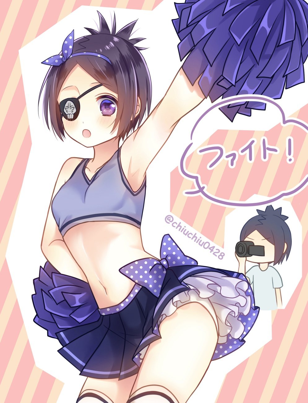 1girl blush breasts cheerleader chrome_dokuro crop_top eyepatch highres hihibi holding katekyo_hitman_reborn! looking_at_viewer midriff navel open_mouth pleated_skirt pom_pom_(cheerleading) purple_eyes purple_hair rokudou_mukuro short_hair skirt sleeveless solo thighhighs